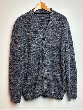Barbour Men's XL V-Neck Button-Up Wool Cardigan Sweater Heritage Blue Gray Marl